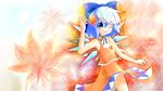  alternate_costume blue_eyes blue_hair blush bow choker cirno hair_bow hair_ribbon highres leaf maple_leaf no_panties one_eye_closed ribbon ribbon_choker skirt smile solo touhou wallpaper yurume_atsushi 