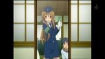  1girl brown_eyes brown_hair clannad cosplay furukawa_sanae long_hair mirror okazaki_tomoya pillarboxed police police_uniform reflection screencap uniform 