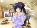  asaba_yuu black_hair blush kimi_to_koishite_musubarete long_hair mall non-web_source ponytail purple_eyes solo sweater tachi-e yanagi_nao 