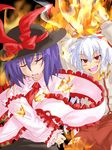  bad_end bad_id bad_pixiv_id fire fujiwara_no_mokou hat long_hair multiple_girls nagae_iku pants purple_hair ribbon short_hair silver_hair tears touhou you_gonna_get_raped yude 