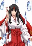  1girl absurdres black_hair breasts eiwa erect_nipples hairband highres japanese_clothes katana kimono large_breasts long_hair looking_at_viewer miko purple_eyes queen&#039;s_blade queen's_blade smile solo sword tomoe weapon wide_sleeves 