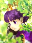  7_(marunana) blurry crown depth_of_field earrings gauntlets gradriel highres jewelry princess_crown purple_eyes purple_hair short_hair solo tree 