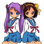  cosplay hairband hiiragi_kagami kita_high_school_uniform looking_at_viewer lucky_star multiple_girls okera orange_hairband school_uniform suzumiya_haruhi suzumiya_haruhi_no_yuuutsu 