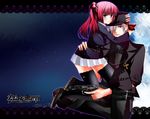  1girl amakusa_juuza bad_id bad_pixiv_id bandana blue_eyes brown_eyes gun hair_bobbles hair_ornament hug jacket kinatsu_souju red_hair silver_hair thighhighs umineko_no_naku_koro_ni ushiromiya_ange weapon 