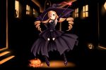  brown_hair drill_hair halloween hat highres jack-o'-lantern long_hair norizou_type-r original pumpkin red_eyes solo thighhighs wand witch witch_hat 