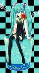  aqua_hair beamed_eighth_notes blue_eyes dameaki dress eighth_note flower hatsune_miku highres legs long_hair musical_note quarter_note sitting smile solo staff_(music) thighhighs treble_clef twintails vocaloid 