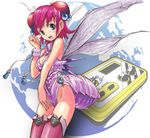  bee_girl blue_eyes boots breasts cleavage gem honey_bee_(bug-tte_honey) insect_girl karuta_(karutazia) leotard monster_girl pink_footwear pink_hair pink_legwear pink_leotard red_hair short_hair small_breasts smile solo takahashi_meijin_no_bug-tte_honey thighhighs wings 