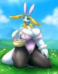  2016 aijou anthro averyshadydolphin basket big_breasts blonde_hair blue_markings breasts bunny_costume clothed clothing cloud cute day detailed_background dragon easter egg eyebrows eyelashes female flower grass hair hi_res holidays huge_breasts looking_at_viewer markings open_mouth outside plant sky smile solo thick_thighs wide_hips 