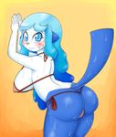  abstract_background against_wall anthro anthrofied basketgardevoir big_breasts bikini blue_eyes blush breasts butt celeste_(basketgardevoir) clothed clothing female freckles hair hi_res long_hair long_tail looking_at_viewer looking_back nintendo oshawott partially_clothed pok&eacute;mon pok&eacute;morph raised_tail rear_view skimpy smile solo standing sweat swimsuit thick_tail thick_thighs video_games 