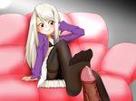  1girl :p blush bra couch fate/stay_night fate_(series) feet femdom footjob illyasviel_von_einzbern long_hair no_shoes open_shirt pantyhose penis pov_feet precum red_eyes silver_hair sitting soles toes tongue_out uncensored underwear 