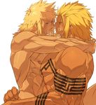  2boys abs bara blonde_hair blush male_focus multiple_boys muscle nikism pecs steam sweat tattoo yaoi 