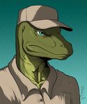  2015 clothing green_skin hi_res lewis_resmond lizard male monitor_lizard reptile reptile_cynrik_(artist) scalie trucker uniform 
