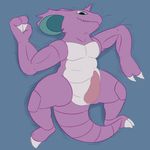 &lt;3 animal_genitalia animal_penis anthro bed blue_eyes claws erection hi_res horn looking_at_viewer lying male mammal nidoking nintendo nude on_back penis pok&eacute;mon posexe presenting presenting_penis purple_skin scalie simple_background smile solo spread_legs spreading teeth toe_claws video_games white_sclera 