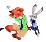  2016 anthro barefoot blush canine chow_(artist) claws clothing cute digital_media_(artwork) disney duo eyes_closed female fox fur green_eyes grey_fur hi_res inner_ear_fluff judy_hopps lagomorph long_ears male mammal nick_wilde orange_fur rabbit simple_background smirk toe_claws uniform white_background zootopia 