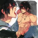  2boys abs fellatio male_focus multiple_boys multiple_oys muscle naughty_face nikism oral pecs penis red_eyes saliva tongue topless undressing yaoi 