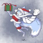  2018 blokfort blue_eyes bottomless bow braided_hair canine christmas clothed clothing digital_media_(artwork) female fennec fox hair holidays ice kalta looking_at_viewer mammal no_underwear open_mouth pussy simple_background smile solo 