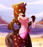  anthro areola beach breasts brown_fur canine clothing eri-yo fangs featureless_crotch female fur hat jewelry mammal mostly_nude navel necklace nipples outside seaside sheer_clothing smile solo teeth translucent transparent_clothing white_fur 