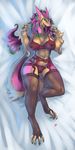  2016 anthro areola big_breasts bra breasts brown_fur claws clitoral_hood clothed clothing dakimakura_design female fur garter_belt garter_straps green_claws green_fur green_hair hair hi_res legwear lingerie looking_at_viewer lying nipples on_back open_mouth pink_fur pink_hair prehensile_clitoral_hood purple_eyes pussy sergal solo toe_claws tongue translucent transparent_clothing tuft underwear wide_hips zerolativity 