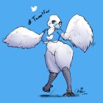  2019 anthro avian beak big_breasts blokfort blue_eyes breasts clothed clothing digital_media_(artwork) feathers female looking_at_viewer meme open_mouth shirt simple_background smile solo tweetfur twitter under_boob white_feathers wings 
