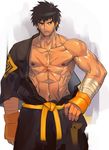  1boy abs bara body_hair brown_hair dungeon_&amp;_fighter dungeon_and_fighter grappler grappler_(dungeon_&amp;_fighter) male_fighter_(dungeon_and_fighter) muscle nikism nipples pecs scar solo undressing 