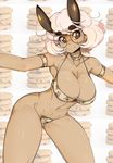  abstract_background armband big_breasts bikini breasts brown_eyes c-string choker clothing cookie ear_piercing eyewear female food glasses hi_res horn piercing slugbox solo swimsuit unknown_species 