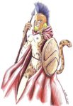  2007 armor breasts cape clothed clothing coyotek feline female geno helmet hi_res hoplite loking_at_viewer mammal melee_weapon nipples partially_clothed polearm pussy shield simple_background solo spear sword traditional_media_(artwork) weapon white_background 