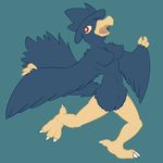  anthro avian beak bird blue_background blue_fur breasts claws corvid feathered_wings feathers female fur hi_res murkrow navel nintendo nude open_mouth pok&eacute;mon posexe pussy red_eyes simple_background solo standing toe_claws tongue video_games wings 