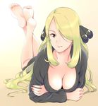  barefoot blonde_hair breasts brown_eyes cleavage crossed_legs downblouse egooo feet feet_together feet_up hair_ornament hair_over_one_eye highres large_breasts legs_up long_hair lying on_stomach pokemon pokemon_(game) pokemon_dppt shirona_(pokemon) solo sweater the_pose 
