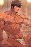  1boy abs bara body_hair brown_hair male_focus muscle nikism pecs scar solo tagme topless underwear 