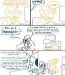  alphys blush comic computer duo english_text eye_patch eyewear female fish glasses laptop marine open_mouth ponytail scalie sitting surprise sweat text the_weaver undertale undyne video_games 