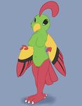  anthro avian beak bird black_eyes blue_background breasts claws feathered_wings feathers female fur green_fur head_tuft hi_res looking_at_viewer multicolored_fur natu navel nintendo nude pok&eacute;mon posexe pussy red_skin simple_background solo standing toe_claws tuft video_games white_sclera wings yellow_fur 