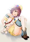  1girl artist_request ass atelier_(series) atelier_sophie ayumu_kirisato bare_shoulders blush brown_eyes brown_hair collarbone flower hat jewelry necklace open_mouth shirt short_hair skirt smile solo sophie_neuenmuller thighhighs upskirt wrist_cuffs 