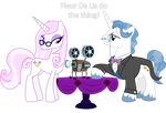  2014 alpha_channel blue_eyes blue_hair bow_tie bronybyexception clothing cutie_mark dialogue duo english_text equine eye_contact eyewear fancypants_(mlp) female feral fleur_de_lis_(mlp) friendship_is_magic fur glasses hair horn looking_back male mammal monocle my_little_pony pink_hair projector purple_eyes simple_background smile table text transparent_background unicorn white_fur 