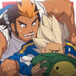  2boys abs inazuma_eleven_(series) male_focus multicolored_hair multiple_boys muscle nikism pecs size_difference tagme yaoi 