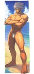  1boy abs bara barefoot beach fullbody looking_at_viewer male_focus muscle nikism outdoors pecs silver_hair solo topless underwear 