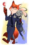  2016 anthro barefoot buckteeth canine clothing disney duo eyes_closed female food fox fur gaekkun green_eyes grey_fur hi_res judy_hopps lagomorph long_ears looking_back male mammal nick_wilde police police_uniform popsicle predator/prey rabbit romantic_couple size_difference smile teeth uniform walking zootopia 