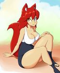  2016 animal_humanoid breasts canine cleavage clothed clothing female fox fox_humanoid fox_tail hair heterochromia hi_res human humanoid kaitlin mammal red_hair simple_background sitting skecchiart solo thick_thighs 