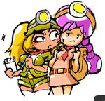  2girls armor blonde_hair blush dark_skin fang fangs female goomba goombella hair helmet humanoid low_res mario_bros minus8 multiple_girls necktie nintendo not_furry paper_mario pink_hair ponytail shorts simple_background super_mario_bros. toad_(mario) toadette unknown_artist video_games white_background wide_hips 