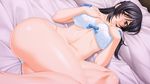  1girl aikawa_arisa ass bed black_hair blush bra breasts character_request cleavage collarbone game_cg hands_on_own_chest highres indoors large_breasts legs long_hair looking_at_viewer lying mesu_ochi_kyonyuu_zuma_wa_ore_no_mono navel on_bed panties pillow ring solo takasugi_kou thighs underwear wedding_ring white_bra white_panties yellow_eyes 