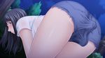  1girl aikawa_arisa anal_insertion anal_object_insertion ass bent_over black_hair blush character_request dildo from_behind game_cg highres legs long_hair looking_back mesu_ochi_kyonyuu_zuma_wa_ore_no_mono night object_insertion outdoors purple_eyes pussy_juice short_shorts short_sleeves shorts sky solo sweat takasugi_kou thighs vibrator vibrator_under_clothes wet 