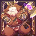  2016 anthro armor axe belly brown_fur canid canine canis clothing domestic_dog fundoshi fur helmet humanoid_hands japanese_clothing lako male mammal melee_weapon navel overweight overweight_male solo underwear weapon 