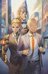  alternate_costume bald belt black_sclera blonde_hair bow bowtie building city cloud cyborg formal genos hair_slicked_back hand_in_pocket handheld_game_console hands_in_pockets kakiman king_(one-punch_man) lens_flare long_sleeves looking_at_viewer male_focus multiple_boys necktie one-punch_man open_mouth saitama_(one-punch_man) signature sky skyscraper sparkle suit watch wristwatch yellow_eyes 