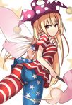  american_flag_dress american_flag_legwear ass blonde_hair clownpiece fairy_wings frilled_shirt_collar frills hat janne_cherry jester_cap long_hair looking_at_viewer looking_back neck_ruff pantyhose polka_dot red_eyes shirt short_sleeves solo star striped torch touhou very_long_hair wings 