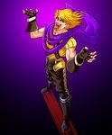  blonde_hair blood blood_from_mouth bloody_clothes boots brown_footwear brown_gloves c-7_(assate) dio_brando evil_smile fangs fingerless_gloves full_body gloves gradient gradient_background hands_up jojo_no_kimyou_na_bouken male_focus muscle open_mouth purple_background purple_scarf red_eyes scarf smile solo 