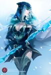  armor armored_boots artist_name ashe_(league_of_legends) boots bow_(weapon) breasts cleavage cloak closed_eyes closed_mouth corset cowboy_shot elbow_gloves fur gloves helmet hood large_breasts league_of_legends lips looking_to_the_side na_young_lee pale_skin profile side_slit solo standing thigh_boots thighhighs thighs weapon white_hair zettai_ryouiki 