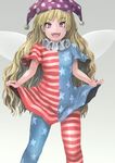  american_flag_dress american_flag_legwear blonde_hair blush clownpiece dress dress_lift fairy_wings frilled_shirt_collar frills hat highres ichiba_youichi jester_cap lifted_by_self long_hair looking_at_viewer neck_ruff open_mouth pantyhose pink_eyes polka_dot shirt short_sleeves solo standing star striped striped_dress teeth touhou very_long_hair wings 