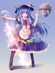  bad_hands bad_id bad_pixiv_id blue_hair boots bow cross-laced_footwear floating_rock food fruit full_body glowing glowing_sword glowing_weapon hat highres hinanawi_tenshi long_hair looking_at_viewer maru_daizu_(aqua6233) open_mouth peach puffy_short_sleeves puffy_sleeves rope shimenawa shirt short_sleeves skirt solo sword_of_hisou touhou very_long_hair weapon 