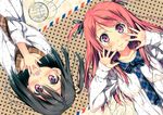  2girls 5_nenme_no_houkago blush brown_hair dress kantoku kurumi_(kantoku) long_hair original photoshop pink_eyes red_hair scan shizuku_(kantoku) short_hair tie 