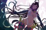  ane_naru_mono ass_visible_through_thighs black_hair blush breasts chiyo_(ane_naru_mono) full_moon glowing glowing_eyes horns large_breasts long_hair looking_at_viewer moon navel open_mouth pochi_(pochi-goya) pointy_ears purple_eyes smile solo tentacles 