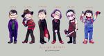  :&lt; a_nightmare_on_elm_street apron batman_(series) black_hair blood blood_on_face bloody_clothes bow bowtie brothers cape character_name child's_play chucky chucky_(cosplay) claws cosplay dracula dracula_(cosplay) fangs fedora formal freddy_krueger freddy_krueger_(cosplay) friday_the_13th grey_background hair_slicked_back hairband hand_in_pocket hands_in_pockets hat hockey_mask jason_voorhees jason_voorhees_(cosplay) jigsaw jigsaw_(character) jigsaw_(character)_(cosplay) knife lineup machete male_focus mallet matsuno_choromatsu matsuno_ichimatsu matsuno_juushimatsu matsuno_karamatsu matsuno_osomatsu matsuno_todomatsu messy_hair multiple_boys open_mouth osomatsu-kun osomatsu-san overalls saw_(movie) sextuplets shirt siblings simple_background sleeves_past_wrists smile striped striped_shirt suit the_dark_knight the_joker the_joker_(cosplay) trench_coat tsuyuxxx 